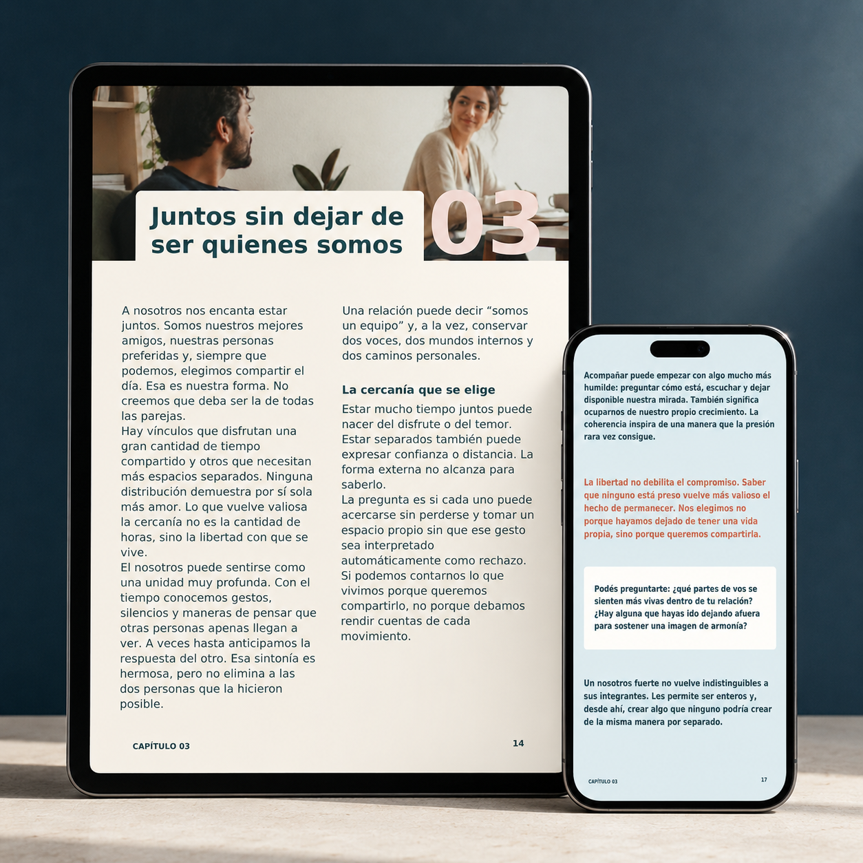Vista del diseño interior del ebook Así nos queremos en tablet y teléfono