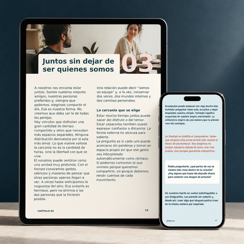 Vista del diseño interior del ebook Así nos queremos en tablet y teléfono